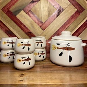 **Vintage Mid Century West Bend USA Stoneware 7 PC Chili/Soup/Bean Pot & B…